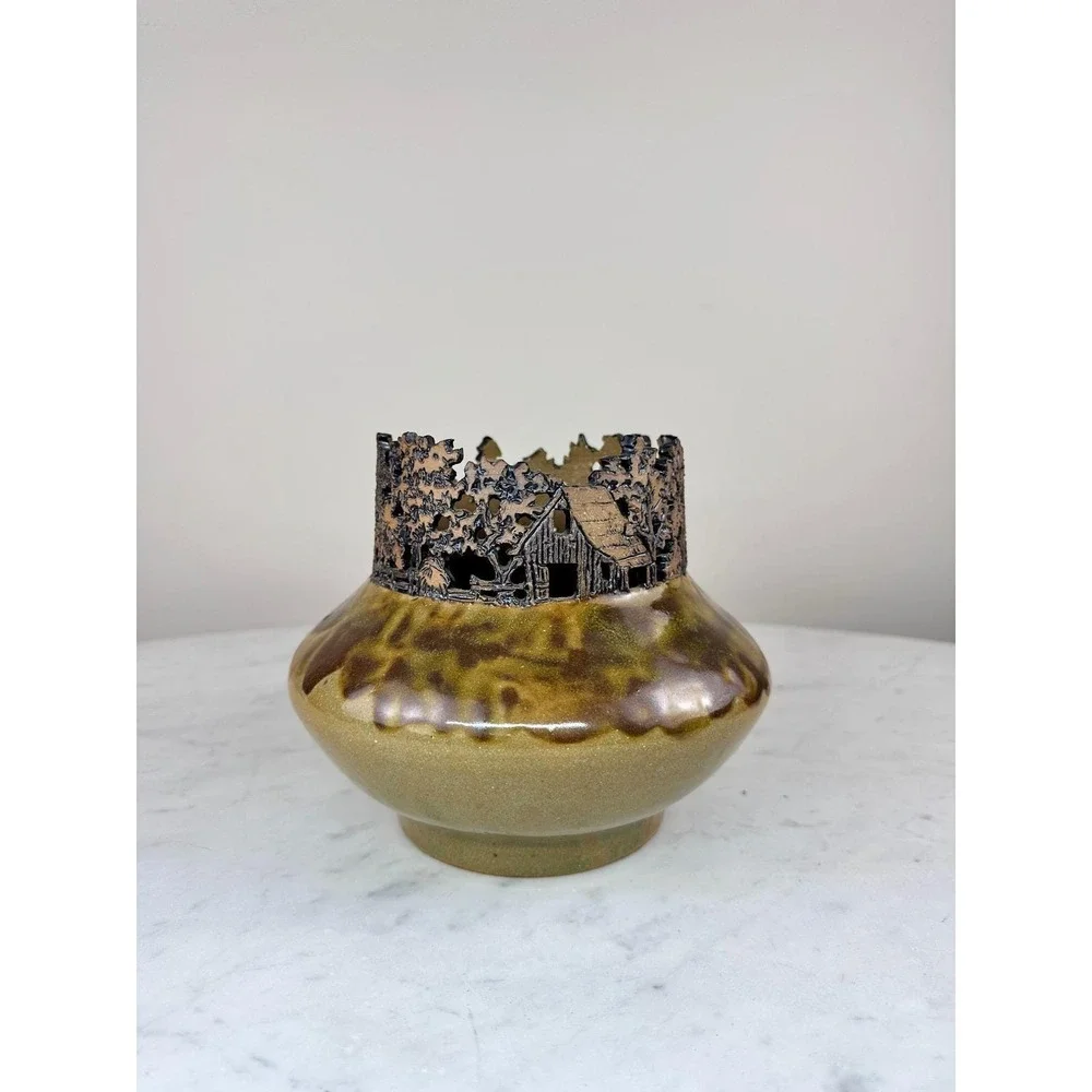 Rodney Leftwich Folk Art Pottery‎ Vase Asheville NC Brown Green 1995 Cutout Rim